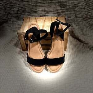 American State Black Suede Espadrille Wedge Sandals, Size 8